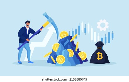 Man holding pickaxe to get crypto coins in rock, mountain. Mining crypto, Cryptocurrency mining farms. People trading and investing in cryptocurrencies. Digital web money. Blockchain. Vector design