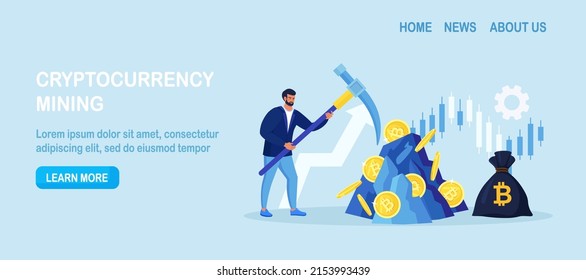 Man holding pickaxe to get crypto coins in rock, mountain. Mining crypto, Cryptocurrency mining farms. People trading and investing in cryptocurrencies. Digital web money. Blockchain. Vector design
