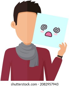 Man Holding Picture Of Confused Face Emoji. Manga Style Weird Eyes And Mouths. Funny Japanese Facial Expression. Eastern Kawaii Anime Culture Elements. Male Character Shows Cute Kawaii Emotion