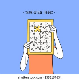 The man is holding a piece of empty jigsaw puzzle. Hand drawn style vector design illustrations.