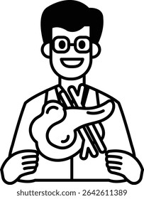 A man is holding a piece of meat and smiling. He is wearing glasses and a suit. The image is black and white