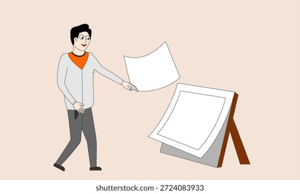Un hombre sostiene un pedazo de papel y lo arroja a una pizarra blanca. El hombre sonríe y el tablero está vacío. La escena es lúdica y alegre