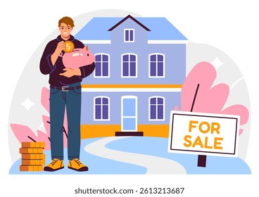 Man holding piggy bank and coin in front of house with For Sale sign, flat cartoon style, on white background. Concept of real estate investment. Vector illustration