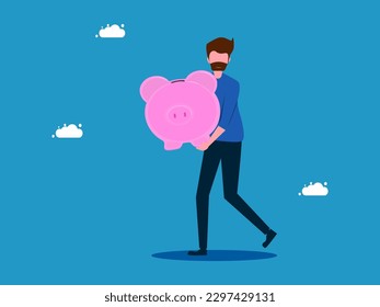 man is holding a piggy bank. The concept of finance and investment. vector