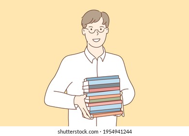 Man holding a pile of books while holding a yellow background. Hand drawn style vector design illustrations.