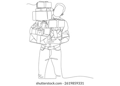Homem segurando uma pilha de caixas de presente - uma ilustração vetor linha