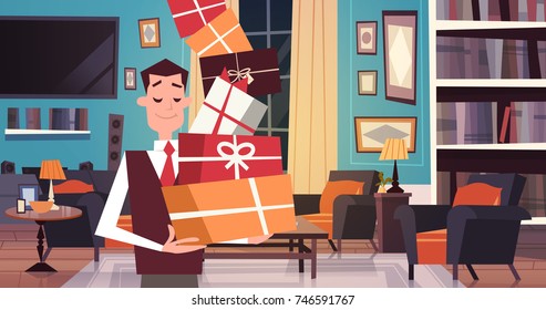Man Holding Pile Of Gift Boxes Walking Through Living Room At Home Holiday Presents Concept Flat Vector Illustration