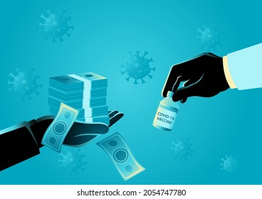 Man holding pile of money to buy or financing vaccine production, expensive vaccine production costs, profit for the pharmaceutical industry