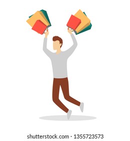 Man holding pile of shopping bags and jumping. Shopaholic concept. Big sale and discount in the store. Purchasing everything. Isolated flat vector illustration