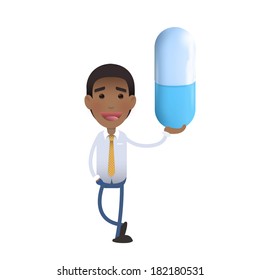 Man holding a pill over white background