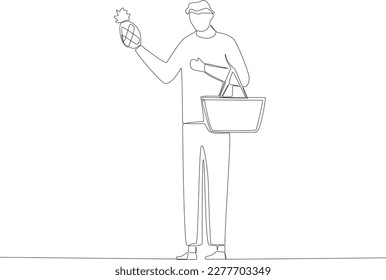 A man holding a pineapple. Grocery shopping one-line drawing