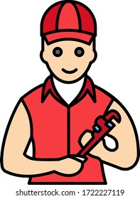Man holding Pipewrench Plumber Symbol Vector Color Icon Design, Emergency Plumbing Services Logo Avatar, Handman on White background