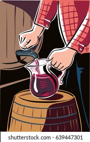Man holding a pitcher is taking away, for a taste of the wine from a butt, in a cellar.