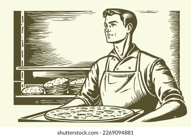 Hombre cargando pizza en el fondo de la panadería. Ilustración de grabado de madera de época.