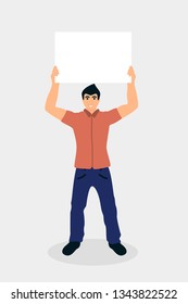 Man holding placard cartoon vector illustration. Student with whiteboard flat clipart. Guy showing blank poster with copyspace. Activist flat character. Empty paper isolated design element