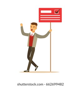 Man holding placard election voting, political agitation campaign vector Illustration