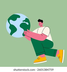 Man holding planet Earth – Save the Planet, environmental protection, sustainability, eco-friendly lifestyle, climate change awareness, green energy. Earth Day illustration