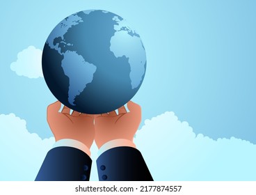 Man holding planet earth with two hands, earth day, environment concept, vector illustration