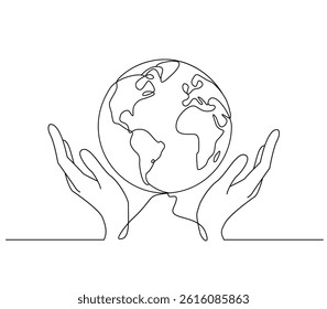 Man holding a planet in his hands as a concept of supporting ecology and peace on the planet. Flat vector illustration with endless continuous line isolated on white background