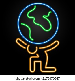 man holding the planet neon sign, modern glowing banner design, colorful modern design trends on black background. Vector illustration.