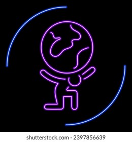 man holding the planet neon sign, modern glowing banner design, colorful modern design trends on black background. Vector illustration.
