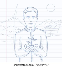 Man holding plant.