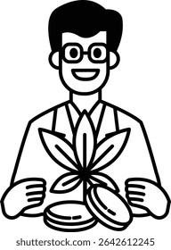 A man is holding a plant and coins. The man is smiling and he is happy. The coins are scattered around the plant, and the man is holding them in his hand. Concept of joy and positivity