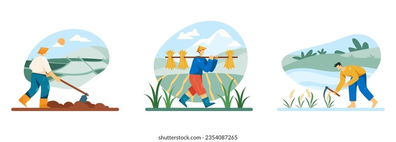 Man holding plant processing tool and working on rice plantation. Worker carries collected bunches of plants on his back, man with sickle mows wheat. Vector illustration in cartoon style