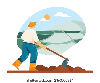 Man holding plant processing tool and working on rice plantation. Rice cultivation in Asia concept. Flat vector illustration in cartoon style in blue and green colors