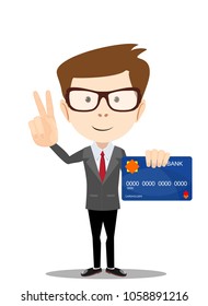 man holding plastic credit card and shows a sign of victory . Flat style. Stock vector illustration.