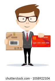 man holding plastic credit card and cardboard box . Flat style. Stock vector illustration.