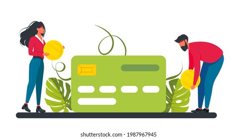 Hombre con débito o tarjeta de crédito de plástico. Concepto de servicio para transferencia electrónica segura de dinero. una mujer y un hombre pequeños ponen una moneda en una tarjeta de crédito. Empresarios e inversiones. Cartera de inversión