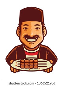 Man holding plate chicken satay logo vector illustration