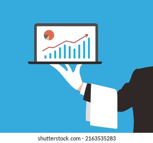 Man holding the plate, computer on the plate, vector illustration