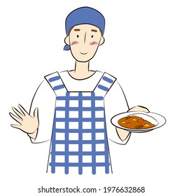 Man holding a plate of curry and rice