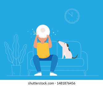 A man is holding a plate and eating ravenously. flat design style minimal vector illustration.