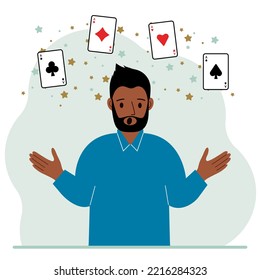 Man holding playing cards cards. Playing combination of 4 aces or four of a kind. Vector flat illustration