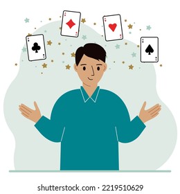 Man holding playing cards cards. Playing combination of 4 aces or four of a kind.