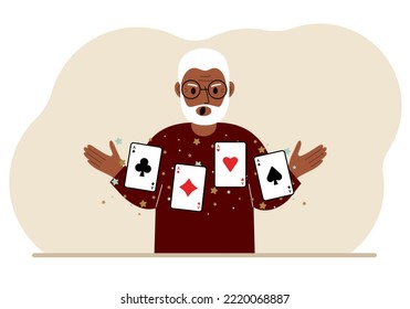 Man holding playing cards cards. Playing combination of 4 aces or four of a kind. Vector flat illustration