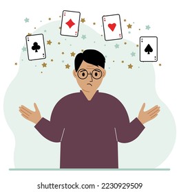 Man holding playing cards cards. Playing combination of 4 aces or four of a kind. Vector flat illustration