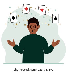 Man holding playing cards cards. Playing combination of 4 aces or four of a kind. Vector flat illustration