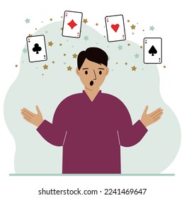 Hombre cargando cartas de juego. Combinación de 4 razas o cuatro de un tipo.