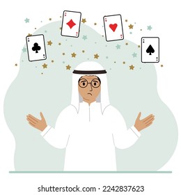 Man holding playing cards cards. Playing combination of 4 aces or four of a kind. Vector flat illustration