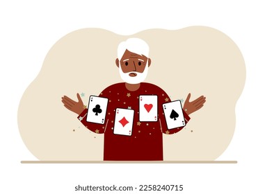 Hombre cargando cartas de juego. Combinación de 4 razas o cuatro de un tipo.