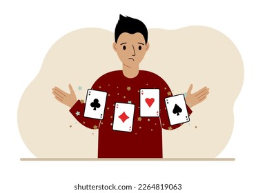 Man holding playing cards cards. Playing combination of 4 aces or four of a kind. Vector flat illustration