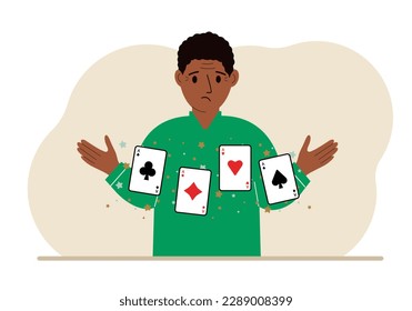 Man holding playing cards cards. Playing combination of 4 aces or four of a kind. Vector flat illustration
