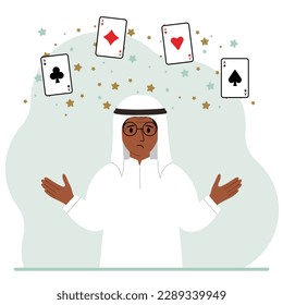 Man holding playing cards cards. Playing combination of 4 aces or four of a kind. Vector flat illustration