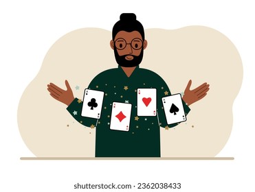 Man holding playing cards cards. Playing combination of 4 aces or four of a kind.