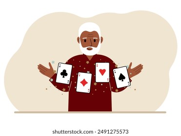 Man holding playing cards cards. Playing combination of 4 aces or four of a kind.