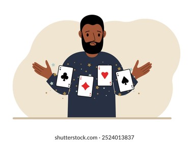 Man holding playing cards cards. Playing combination of 4 aces or four of a kind. Vector flat illustration
